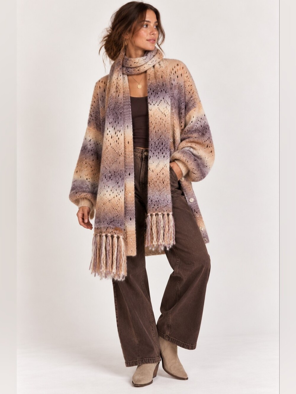 NKN Nekane Marjani Cardigan & Scarf Set Mauve Tan Size S/M NWT